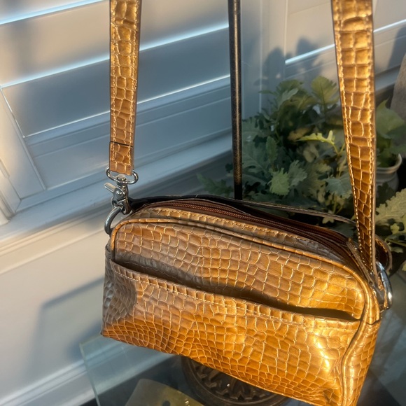 KATHY VAN ZEELAND Patent Croc Embossed Convertible Purse Bronze Y2K NEW - Picture 3 of 8